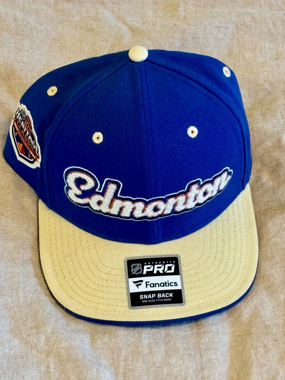 Edmonton Oilers Heritage Classic Fanatics Blue and Cream Script Snapback Hat